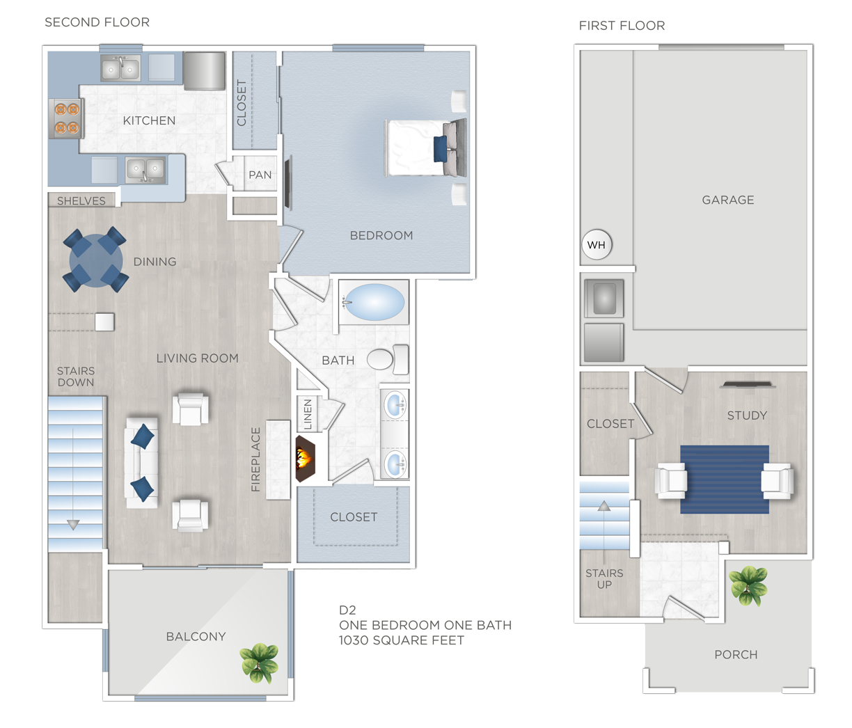 Floor plan for 1 bed, 1 bath, 1030 sqft